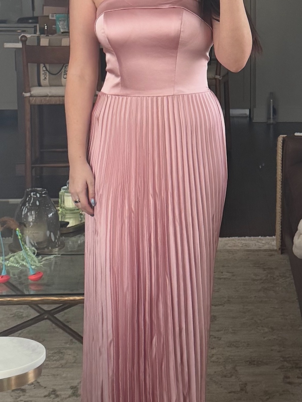 Revelry Perfect Pink Strapless Pleated Satin Gown